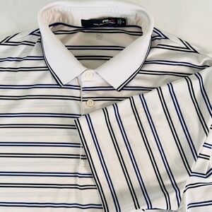 RLX Ralph Lauren Mens Golf Polo Shirt White Navy Blue Striped Wicking Size M